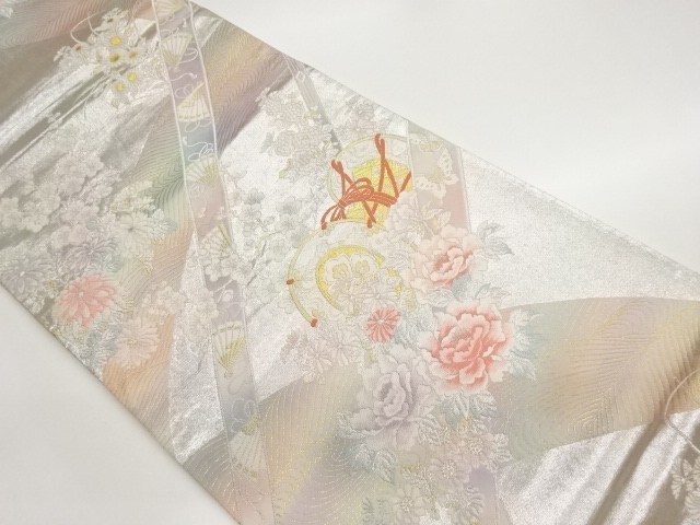 鼓に牡丹・菊・梅・扇子模様織出し袋帯